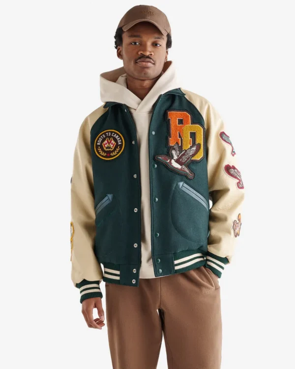 Clearance Roots Outdoors ’24 Varsity Jacket PARK GREEN/ECRU